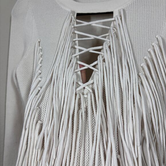 Ronny Kobo Open Stitch Fringe Sweater Cream Lace Up Crew Neck Long Sleeves - Picture 9 of 9